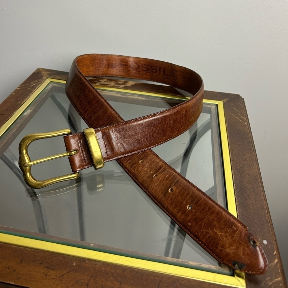 VTG Y2K Fossil Belt Brass Women 34”Wide Buckle Brown Genuine Leather Cowgirl
